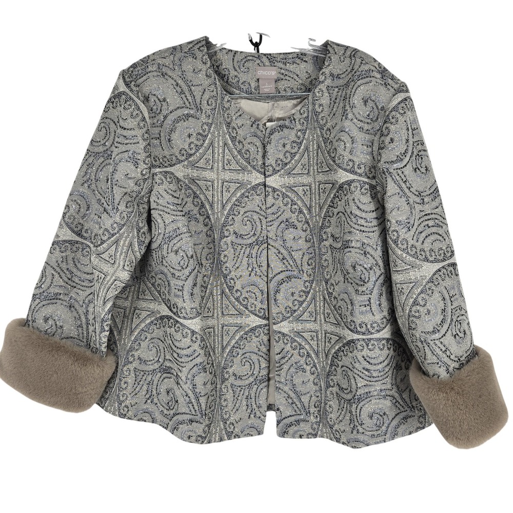 Chico's Jacket Womens 3 Large Silver Jacquard‎ Faux Fur Cuff Brocade Open Front